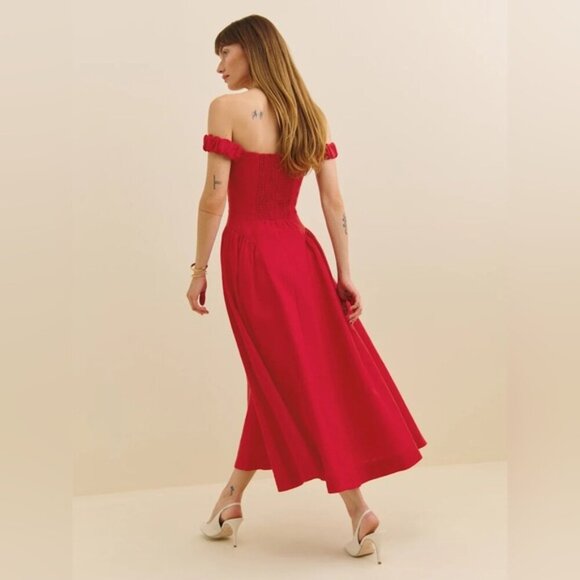 NEW Reformation Monet Linen Midi Dress Lipstick Red Off-Shoulder | size 2 - Picture 5 of 14